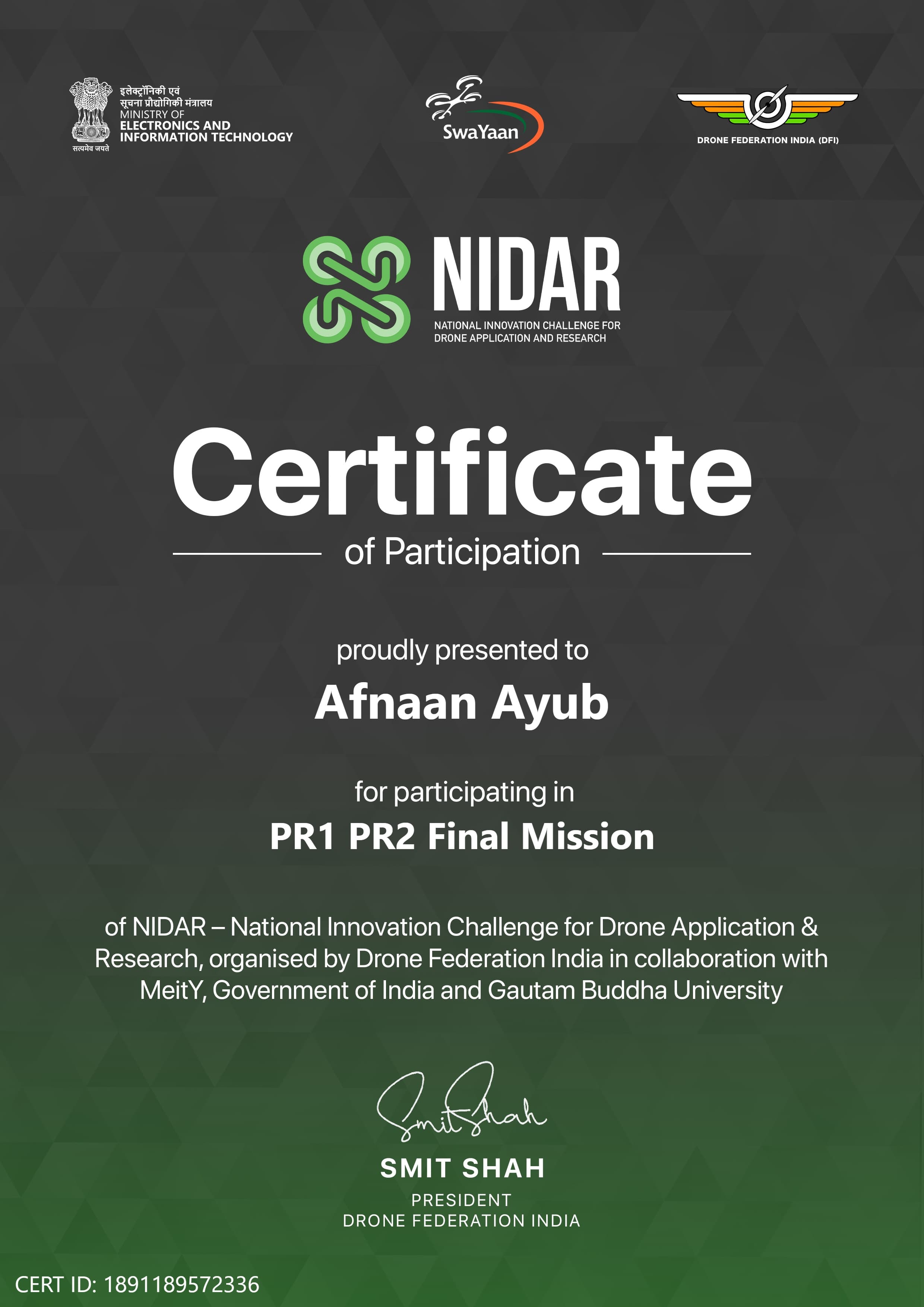 NIDAR 2025 participation certificate